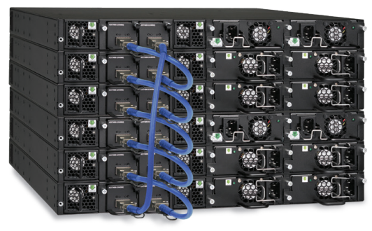 Figure 1: Up to 12 RUCKUS ICX 7450 switches can be stacked together using two full-duplex QSFP+ 40 Gbps ports that provide a fully redudant backplane with 960 Gbps of stacking bandwidth.