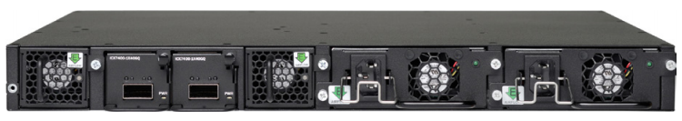 RUCKUS ICX 7450 rear view shown with two optional RUCKUS ICX7400-1X40GQ QSFP+ uplink/stacking modules, two AC power supplies, and two fan trays.